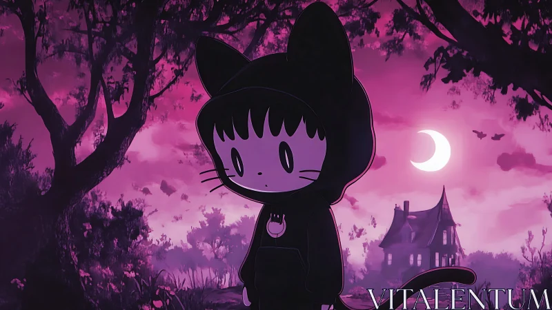 Cartoon cat-hooded figure in purple moonlit forest scene.