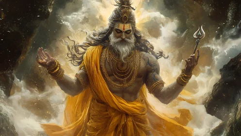 Divine warrior deity emerging from stormlit golden clouds.