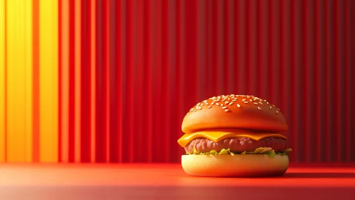 CG burger rendered against high saturation red vertical gradient wall