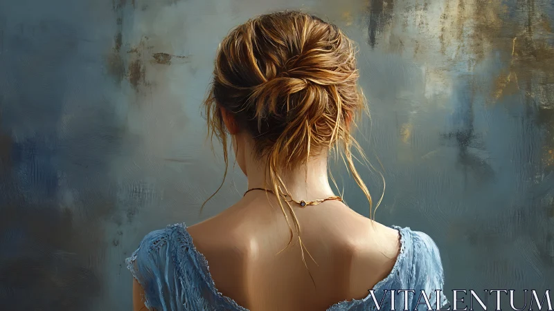 Soft-shouldered silence leans into a storm of painted blue