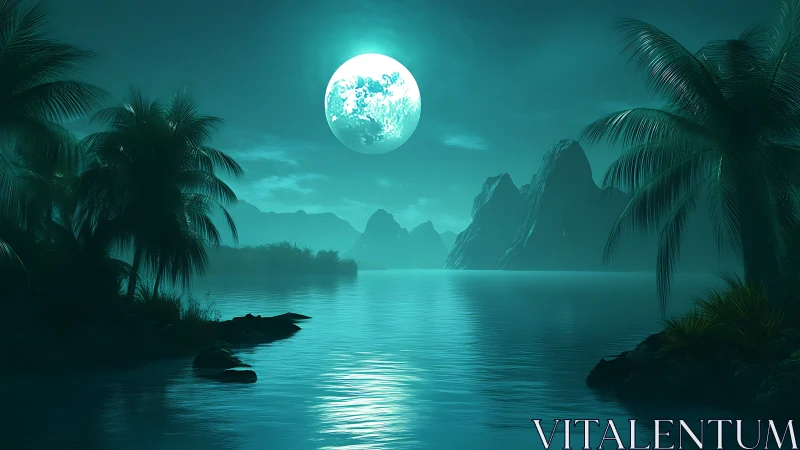 Nocturnal landscape with full moon, mountains, and palm trees.