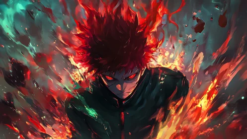 Fiery red‑haired antihero emerging through explosive flames.