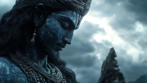 Blue stone deity profile under storm-laden overcast sky