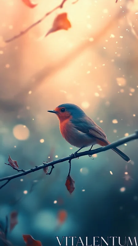 Backlit robin on branch in shallow depth-of-field bokeh field.