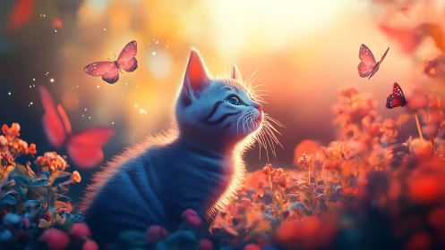 Cerulean Dreamer Chasing Amber Butterflies Through Twilight Gardens.