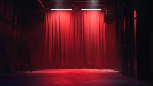 Crimson stage curtain humming with hush before the reveal.