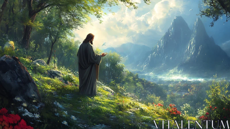 Robe-clad figure stands in sunlit valley facing distant mountains.