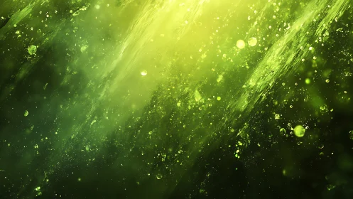 Luminous green particles drifting through abstract light field.
