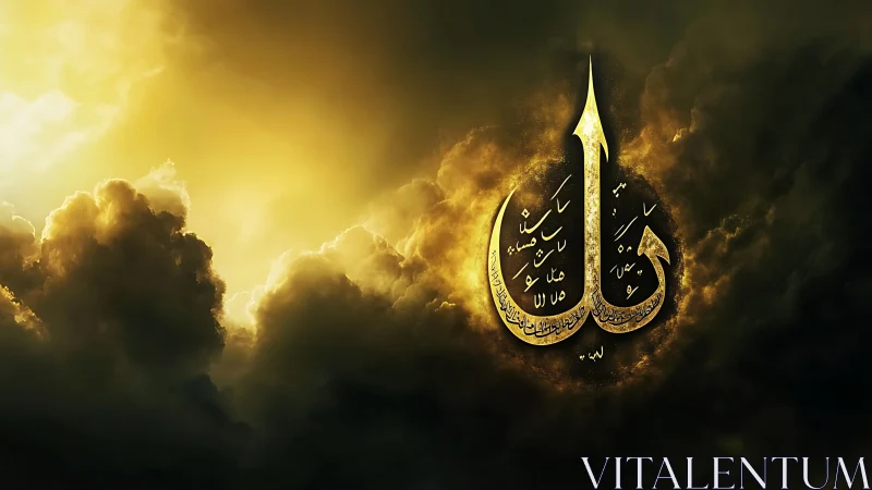 Golden Arabic calligraphy ascends through luminous storm clouds.