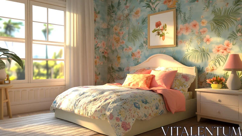 Sunlit tropical bedroom blooms in soft pastel daydreams.