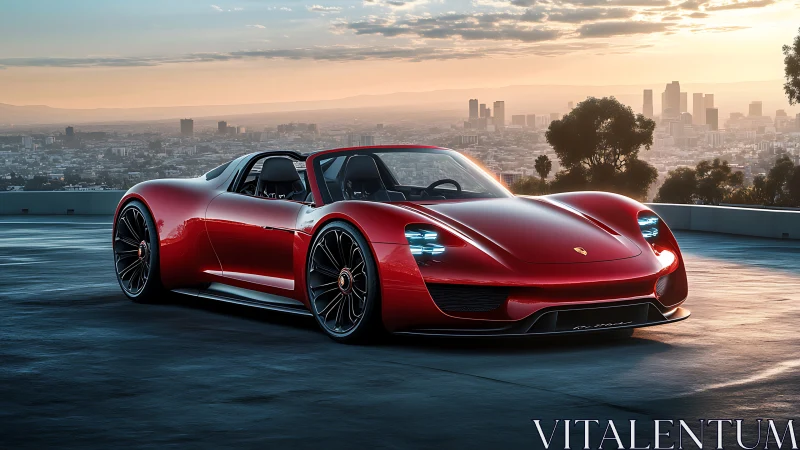 Sunrise-red roadster quietly stalks the waking city skyline