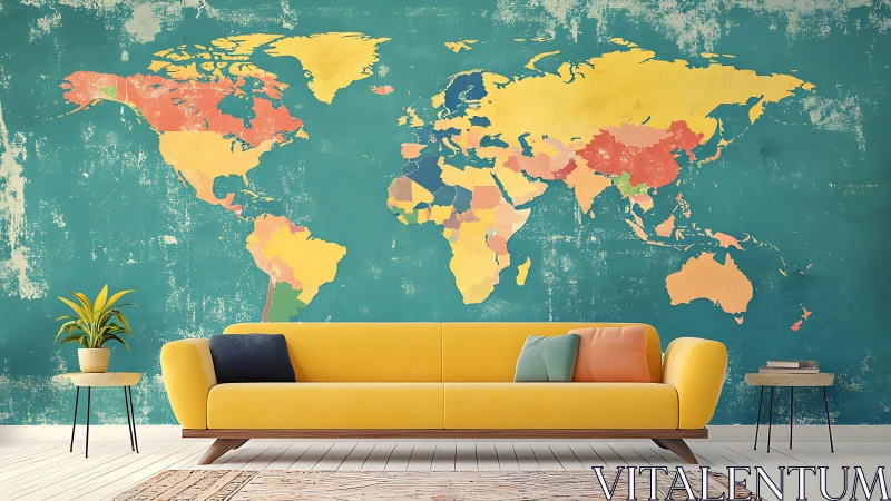 Color-blocked world map mural frames modern yellow sofa