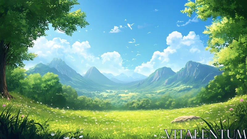 Sunlit alpine valley meadow with distant ridgeline mountains