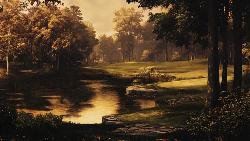 Honeyed woodland pond basking in lingering autumn light.