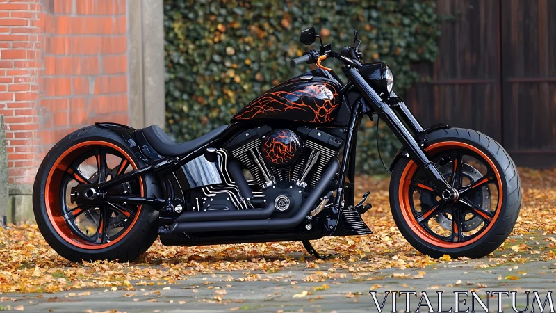 Midnight custom chopper resting in a swirl of autumn leaves.
