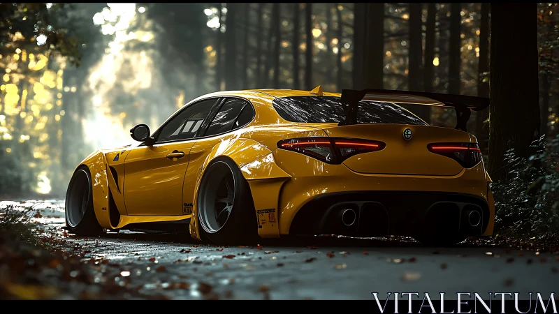 Widebody yellow sports car rests in a misty forest road.
