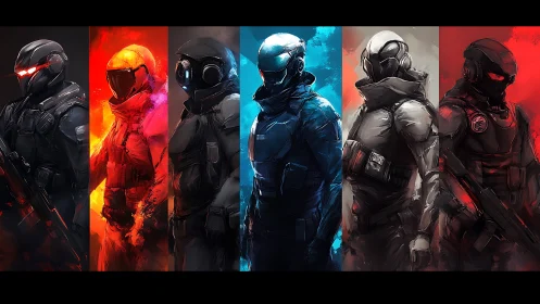 Color-split future troopers pace through molten neon dusk