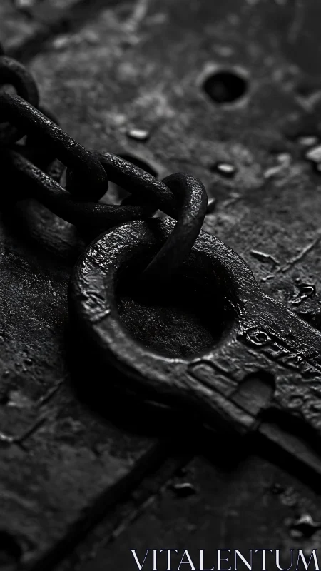 Close-up of dark metal chain on worn industrial surface.