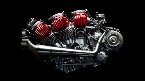 High-contrast motorcycle V-twin engine with red air intakes
