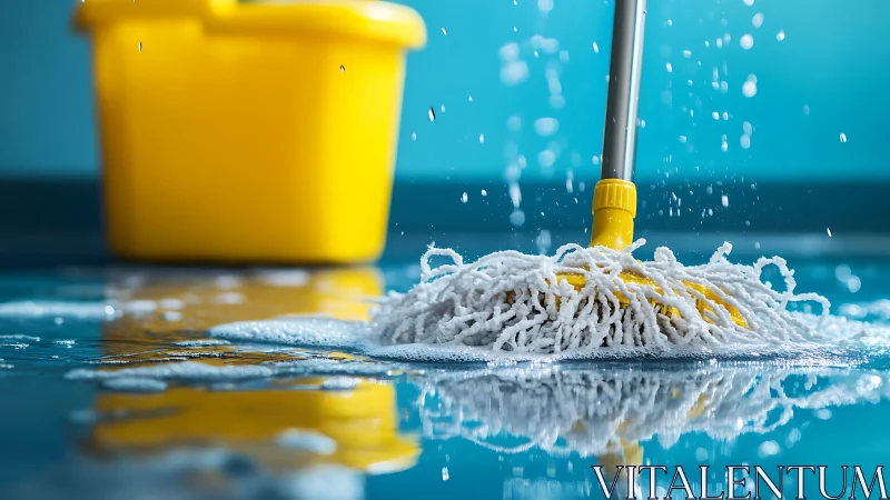Wet mop head contacts reflective floor surface during use
