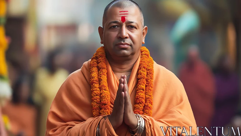 Hindu monk in orange robes with garland poses in shallow depth portrait