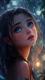 Digital portrait of girl in rain with wet hair and lighting.