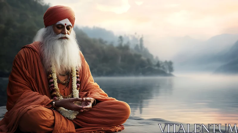 Serene elder meditates beside misty mountain lake at dawn.