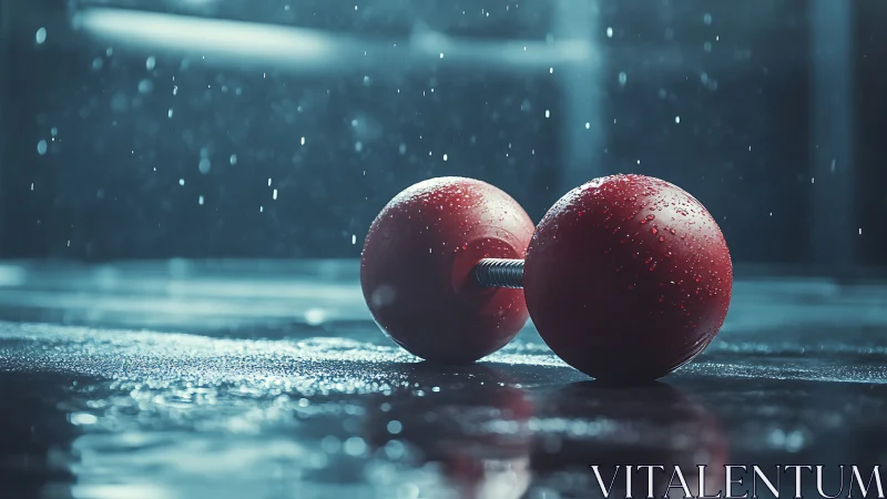 Wet red dumbbell on reflective gym floor under rainfall.
