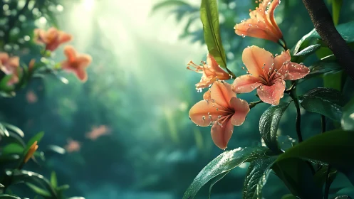 Coral lilies catch dawn light in dewy rainforest clearing.