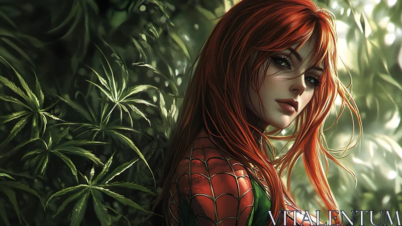Redheaded forest heroine in web armor amid lush foliage.