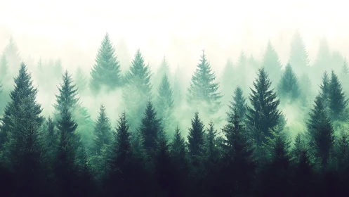 Misty evergreen forest layered in atmospheric fog.