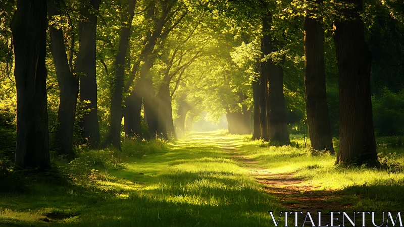 Sunlit forest path with tall trees in serene morning light.