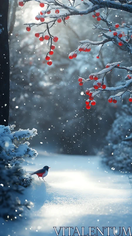 Snow covered forest clearing shows bird and red berries