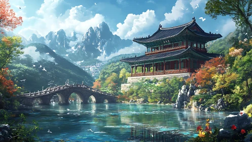 Digital landscape of pagoda, arch bridge and alpine lake environment.
