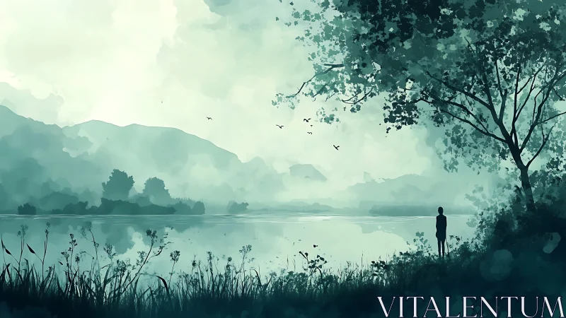 Digital watercolor lakeside vista with solitary figure framing.