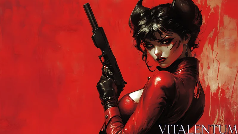 Crimson demon assassin in latex with silenced pistol poised.
