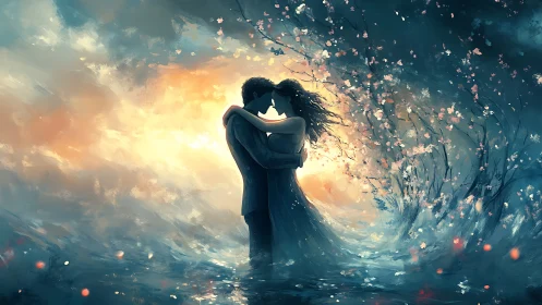 Luminescent Romantic Embrace: Digital Painting with Particle Dispersion.