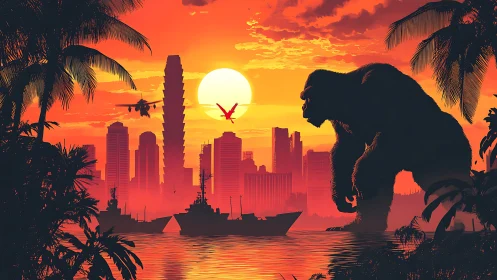 Colossal gorilla confronts warships at neon tropic sunset.