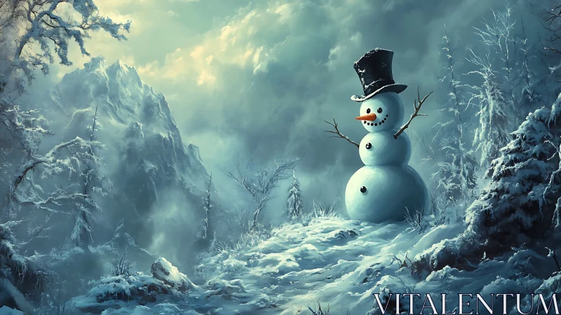 Cheerful snowman friend brightening a dreamy winter forest.