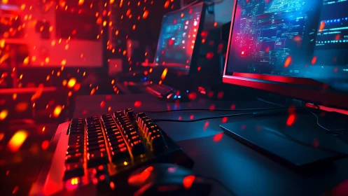 Neon codestorm ignites a futuristic dual-monitor command hub.