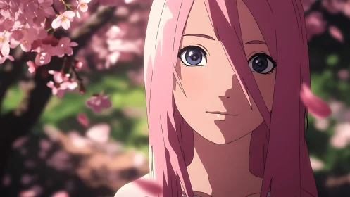 Pink haired anime girl stands under blooming cherry blossoms