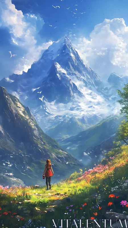 Solitary hiker on alpine trail below tall snow peak.