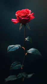 Red rose with layered petals photographed against dark background