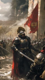 Ironclad standard-bearer strides through a storm of spears.