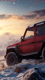 Red off-road SUV on snowy mountain slope at sunset.