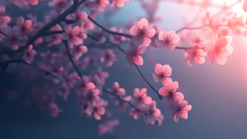 Cherry blossom branches with delicate pink petals illuminated by soft diffused light