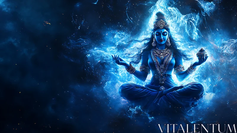 Cosmic blue goddess levitates within swirling nebula light.