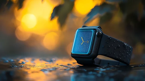 Smartwatch with water droplets rests on reflective wet surface