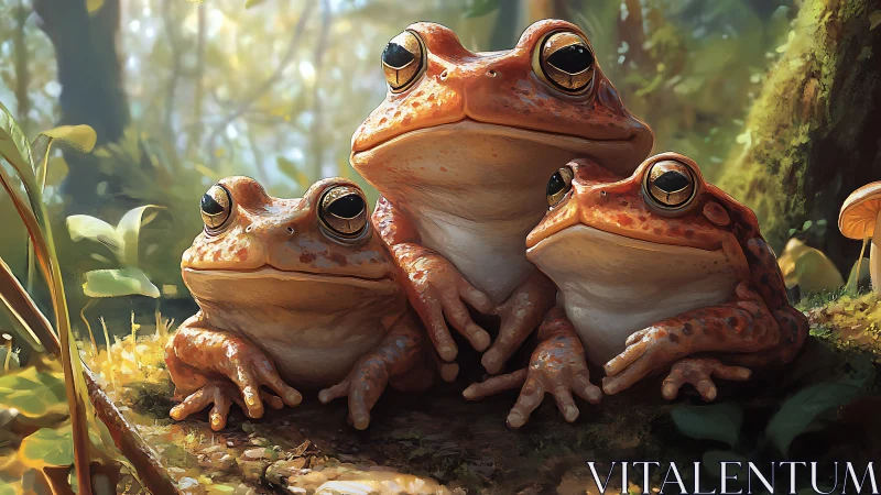 Digital painting of three forest frogs in soft rim lighting.