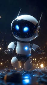 Stargazing robot hovers amid glowing sparks at night.